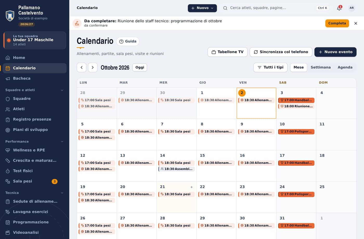 Il calendario della squadra sul computer